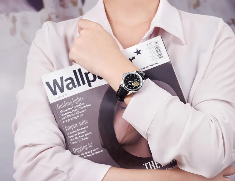 Waterproof Women's Automatic Leather Watch with Diamonds