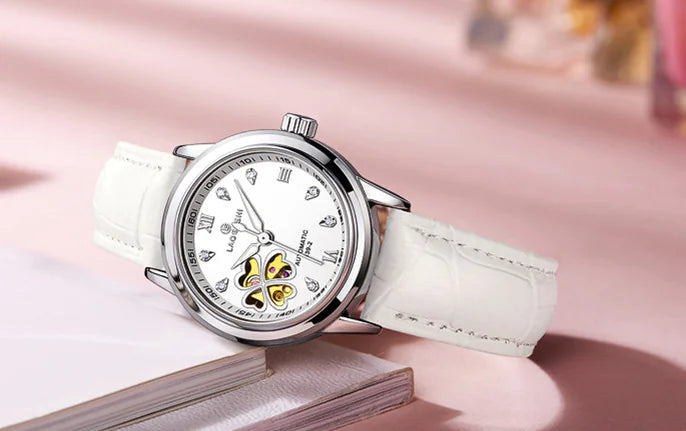 Waterproof Women's Automatic Leather Watch with Diamonds