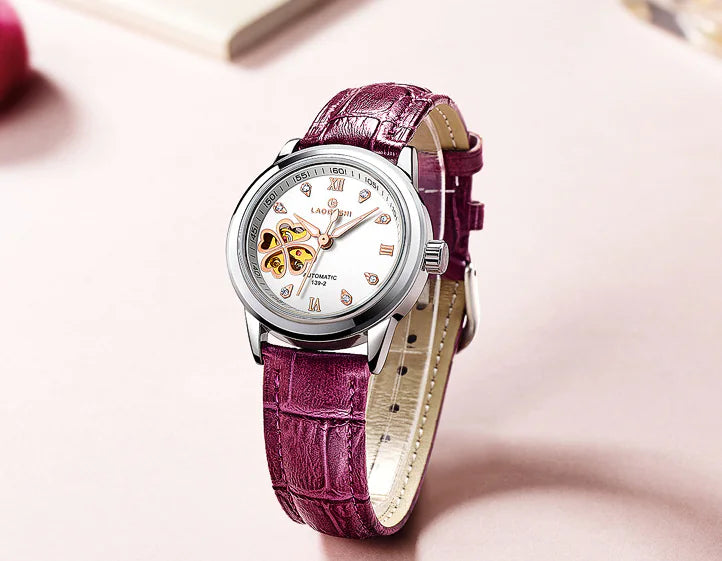 Waterproof Women's Automatic Leather Watch with Diamonds