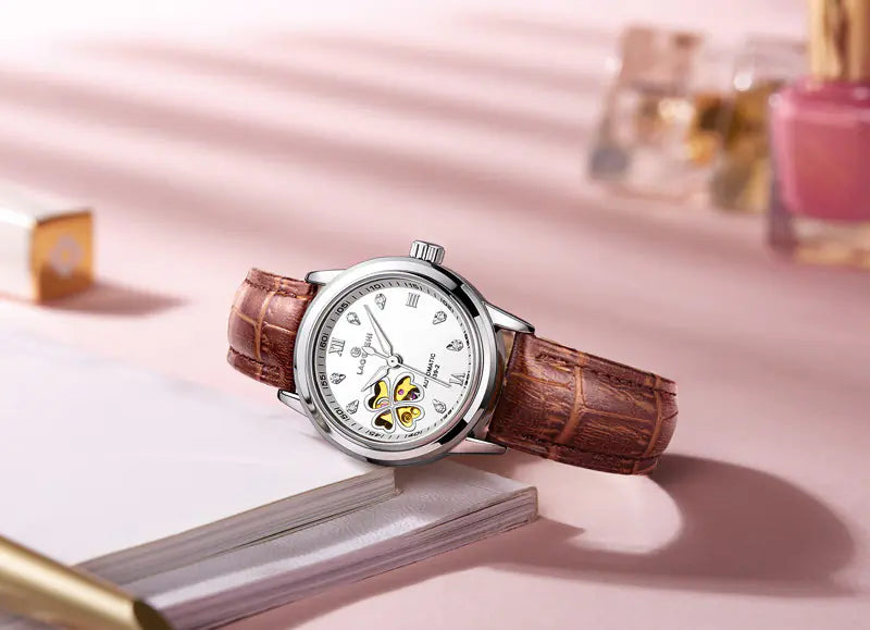Waterproof Women's Automatic Leather Watch with Diamonds