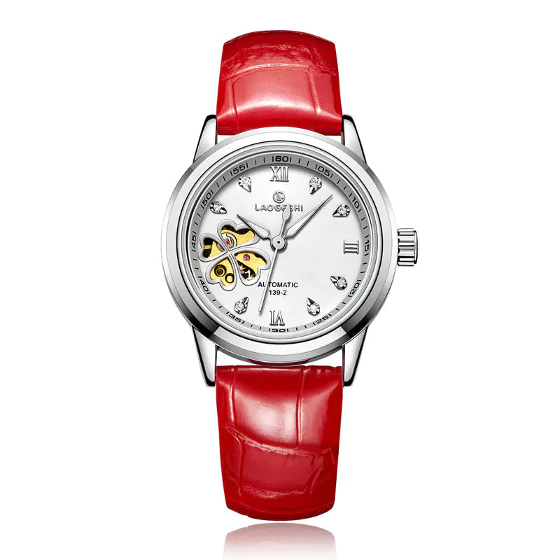 Waterproof Women's Automatic Leather Watch with Diamonds