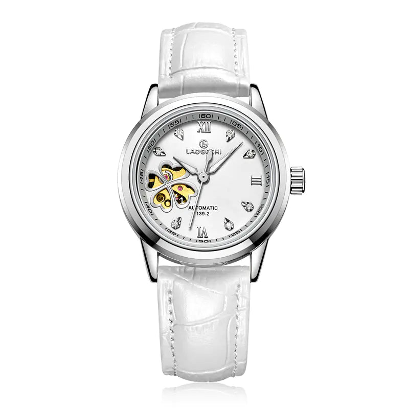 Waterproof Women's Automatic Leather Watch with Diamonds
