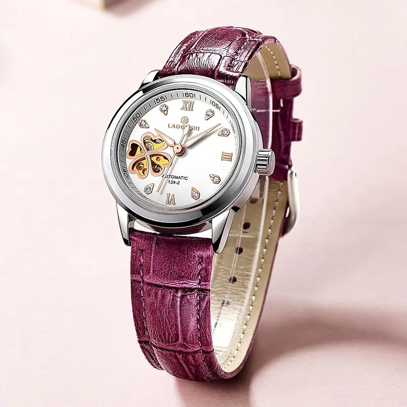 Waterproof Women's Automatic Leather Watch with Diamonds