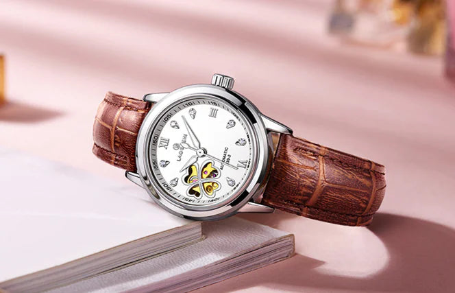 Waterproof Women's Automatic Leather Watch with Diamonds