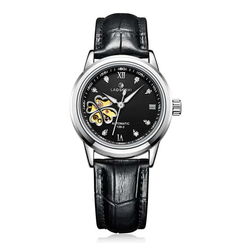 Waterproof Women's Automatic Leather Watch with Diamonds