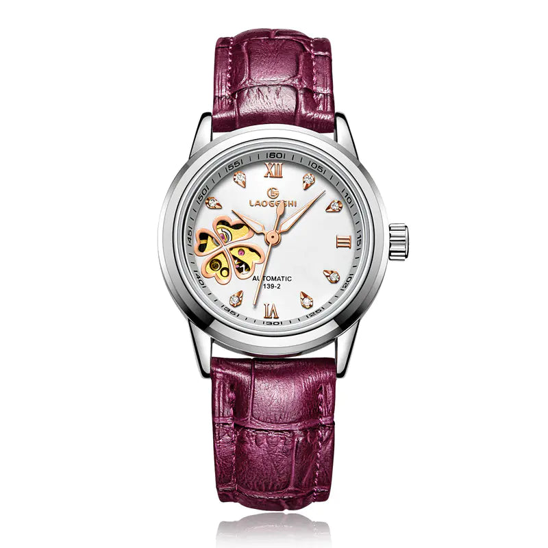 Waterproof Women's Automatic Leather Watch with Diamonds