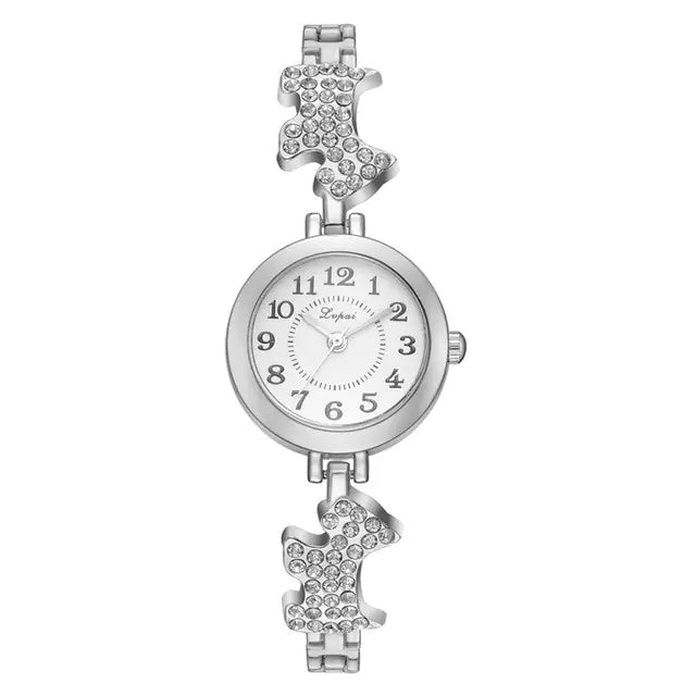Fashionable Round Alloy Bracelet Watch with Diamonds