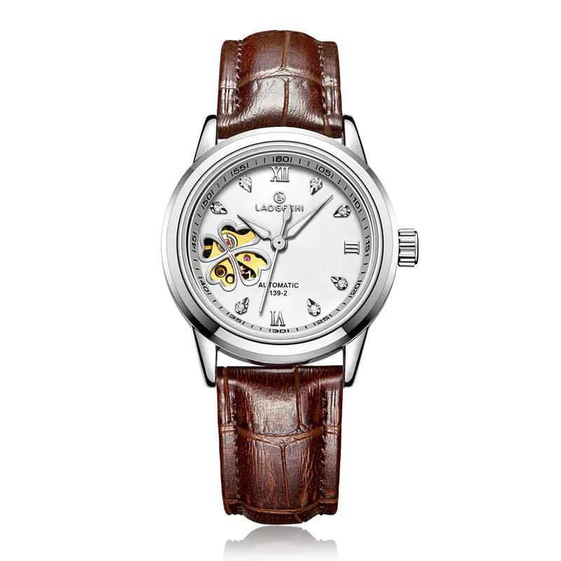 Waterproof Women's Automatic Leather Watch with Diamonds