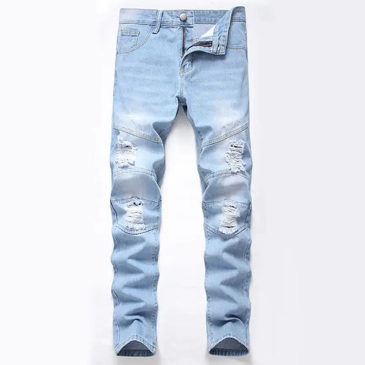 Light Blue Plus Size Straight Ripped Jeans for Men